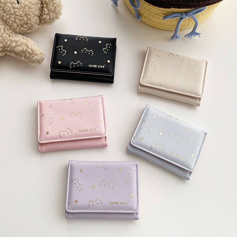 新款短款折叠小钱包女式设计可爱印花猫咪迷你钱夹零钱卡包证件