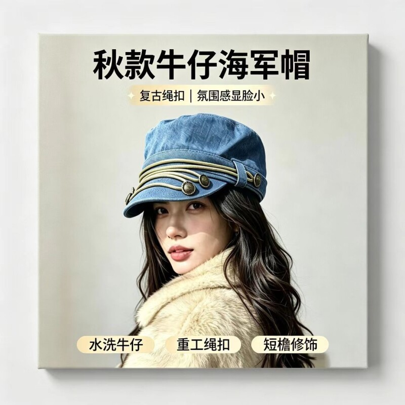 韩版复古牛仔海军帽女款四季百搭显脸小帽子遮阳大檐绳扣水手帽