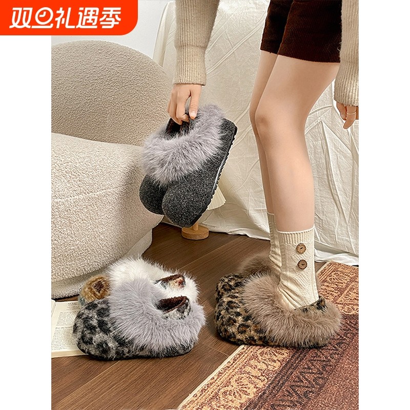 费尔岛风加绒加厚增高厚底棉鞋女冬2025新款外穿保暖勃肯毛毛鞋子