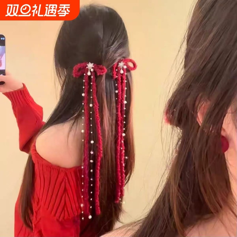圣诞节红色珍珠流苏蝴蝶结飘带发夹女毛绒发饰可爱雪花头饰装扮用
