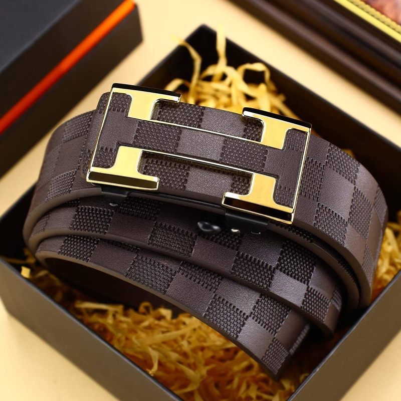 爱马男仕皮带男款高档新款真皮皮带中青年格子纹自动扣商务腰带裤