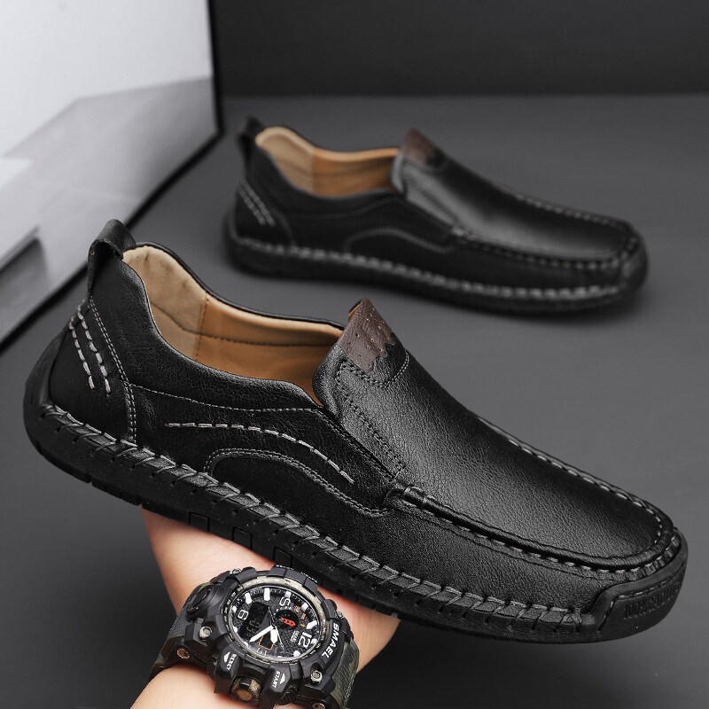 意尔康男士真皮休闲皮鞋新款时尚百搭透气豆豆鞋男牛皮棕色黑色