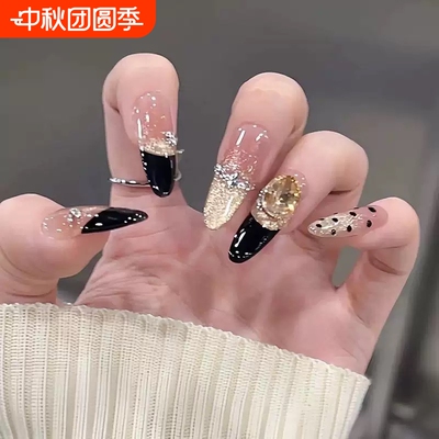 黑色法式猫眼穿戴甲片长款杏仁手工贴钻穿戴甲高级感黑皮正常赫本