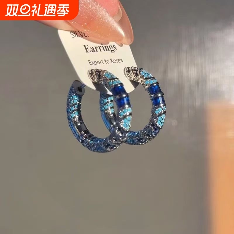 民族风精致珐琅耳扣女2025新款复古蓝色设计感显脸小气质春夏耳饰