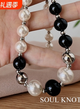 七夕送女友礼物黑曜石珍珠项链轻奢时尚精致小众设计高级感锁骨链