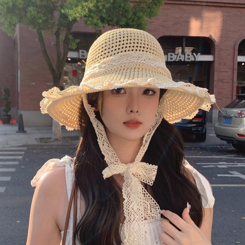 海边沙滩帽蕾丝草编帽子女款夏季遮阳帽透气防晒渔夫帽度假风草帽