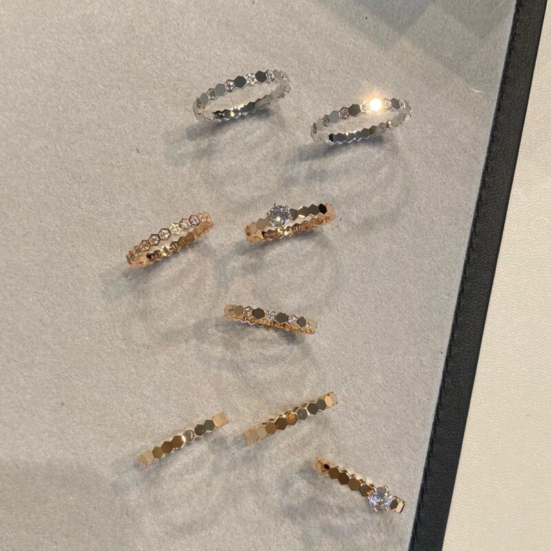 爆款蜂巢戒指女高级感满钻18k玫瑰金蜂窝叠戴排钻高级感925银指