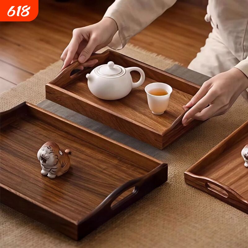 胡桃木茶盘托盘长方形酒店家用木质放茶台中式商务提手收纳轻奢