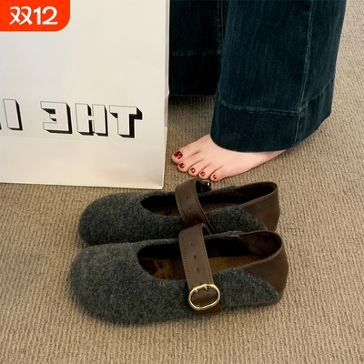 灰色加绒呢子勃肯鞋女2025秋冬新款毛毡平底豆豆鞋毛毛玛丽珍棉鞋