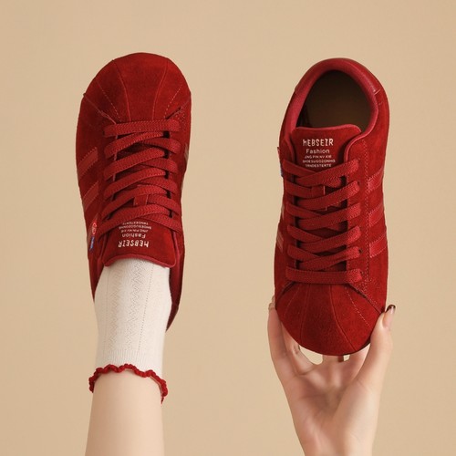 红色德训鞋女款2025新款秋季百搭小众设计感透气休闲运动阿甘鞋潮