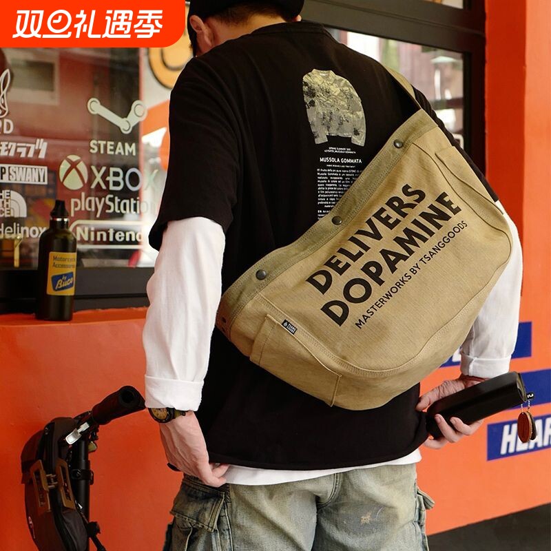 新款时尚帆布包斜挎包美式复古大容量单肩包百搭托特运动风骑行包