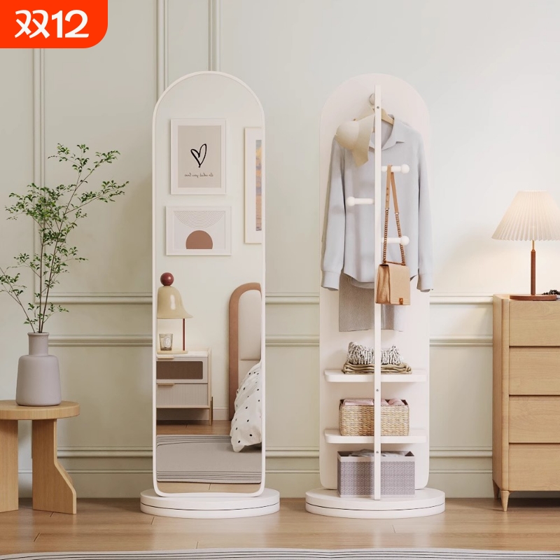 中古风全身镜落地家用衣帽架一体可旋转移动试衣镜穿衣镜子挂衣