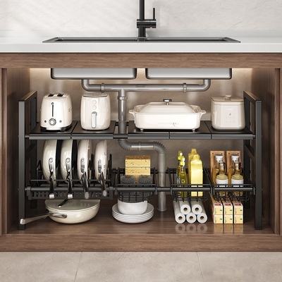 厨房可伸缩下水槽置物架橱柜分层架锅架多功能锅具收纳架整理架子