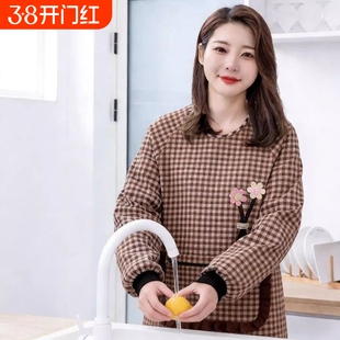 围裙女外穿时尚新款棉布长袖罩衣厨房家用做饭围腰上班工作服防油
