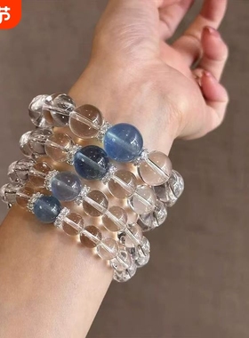 爆款仿白水晶手链白水晶原创海蓝宝单圈透明珠佛珠108颗手串男女