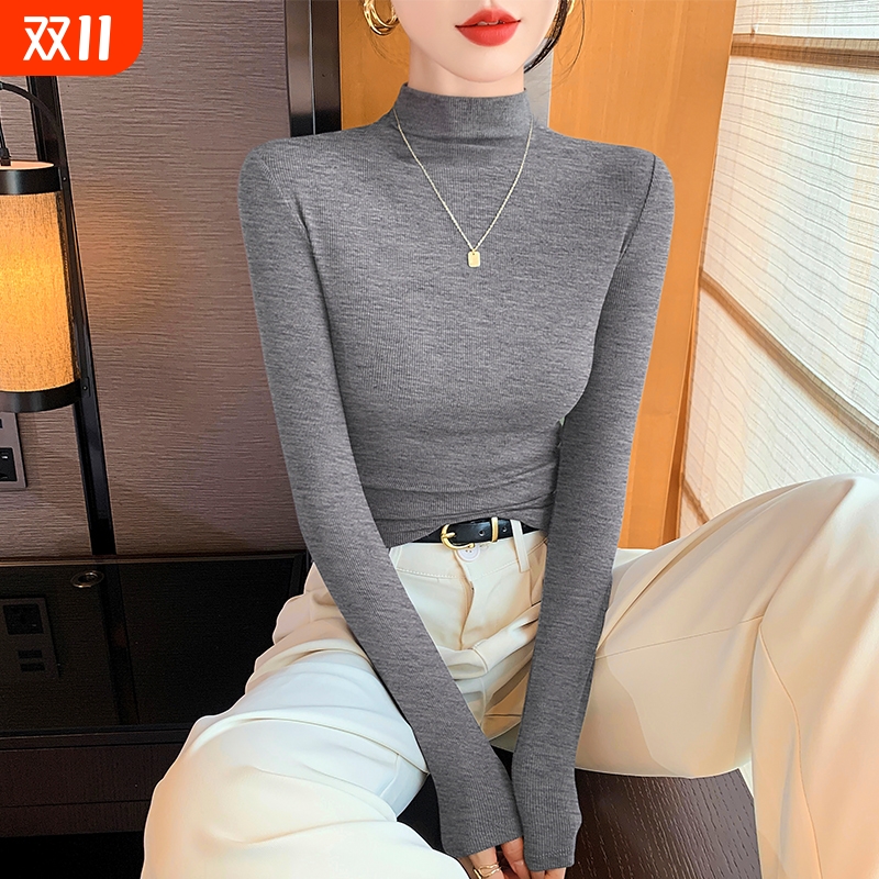 半高领打底衫女正肩短袖t恤女中袖内搭2025新款螺纹春秋夏上衣服