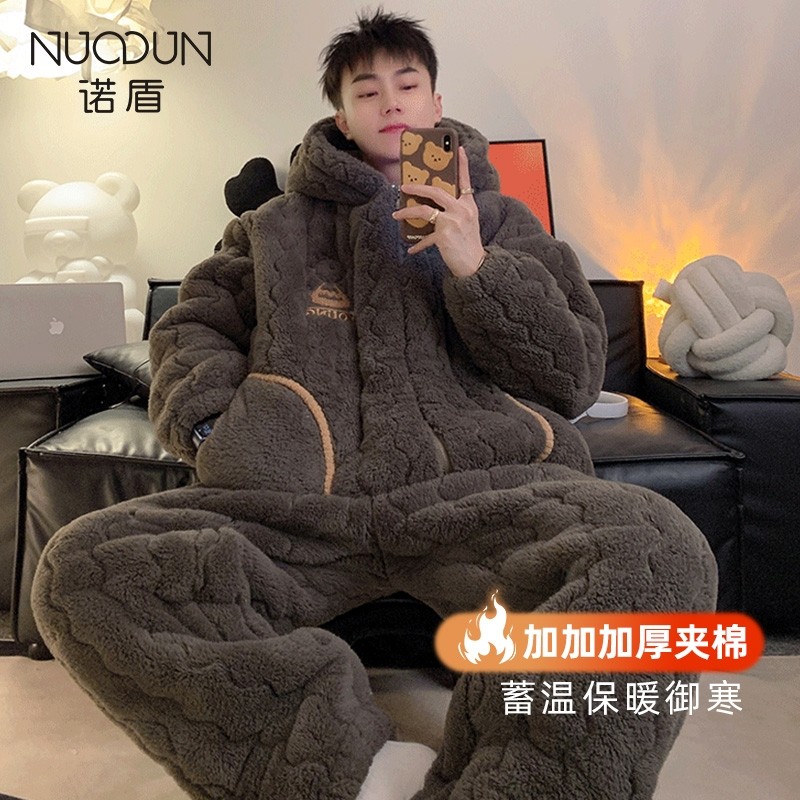 三层夹棉男士睡衣男款冬季加厚加绒珊瑚绒2025新款冬天连帽家居服
