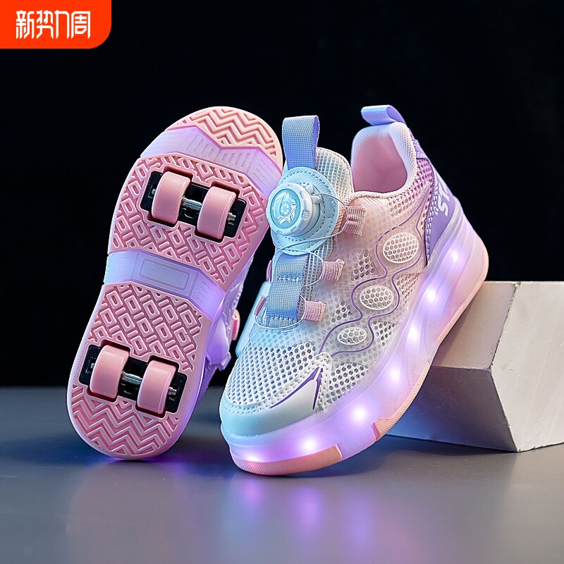 卡通风女童暴走鞋发光轮滑鞋透气溜冰鞋带灯学生运动鞋旋转扣网面