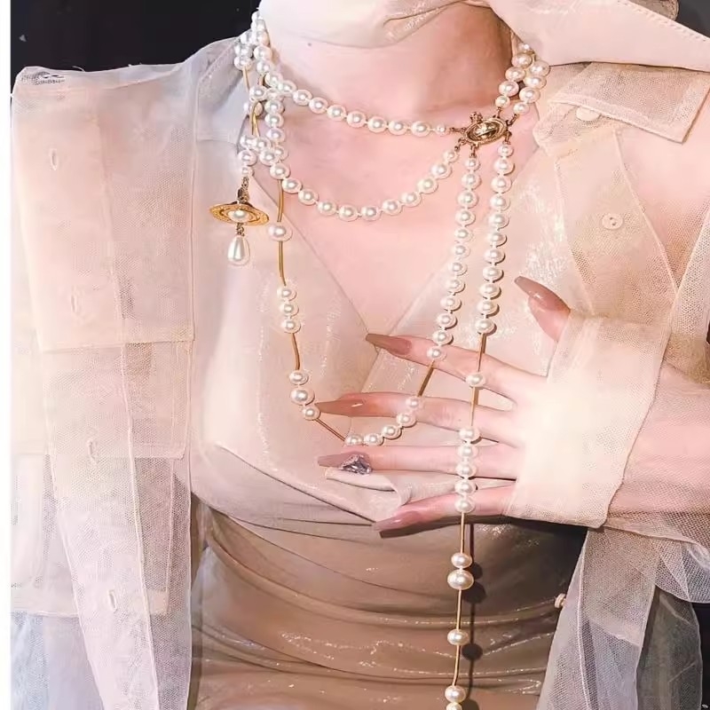 立体复古破碎珍珠土星饰品三层西太后小众项链不对称多种戴法颈链