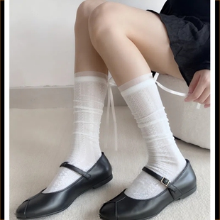 薄款 堆堆袜夏季 芭蕾风中筒袜子白色网眼镂空小腿袜白色袜甜美女生