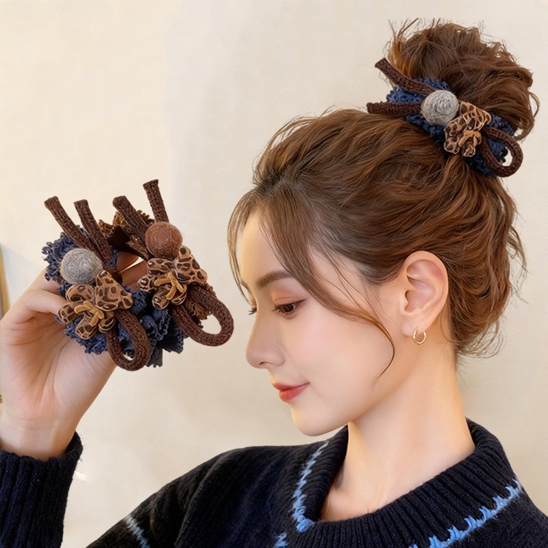 小熊豹纹大肠发圈女高级感头绳低马尾扎发皮筋丸子头发绳秋冬新款