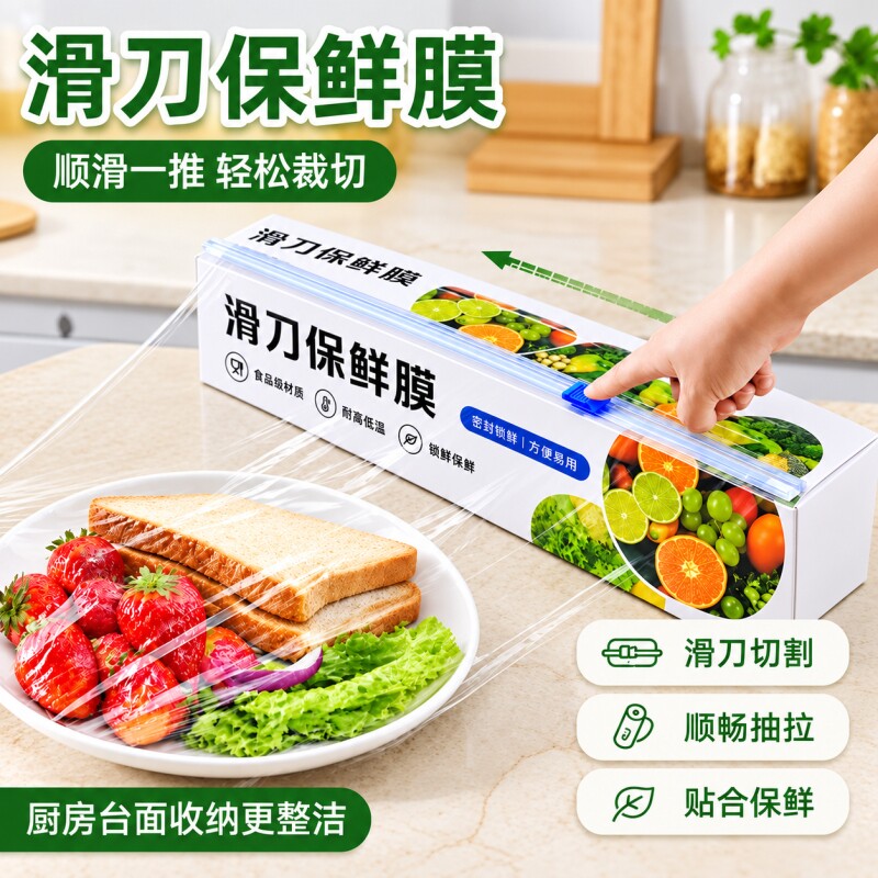 保鲜膜食品级家用切割器商用大卷经济装厨房pe耐高温滑刀式盒罩套