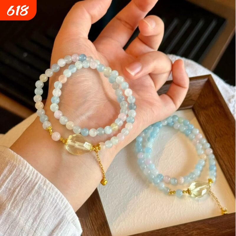 天然水晶摩根石双圈手串铃兰花黄水晶吊坠马卡龙甜美清新少女款
