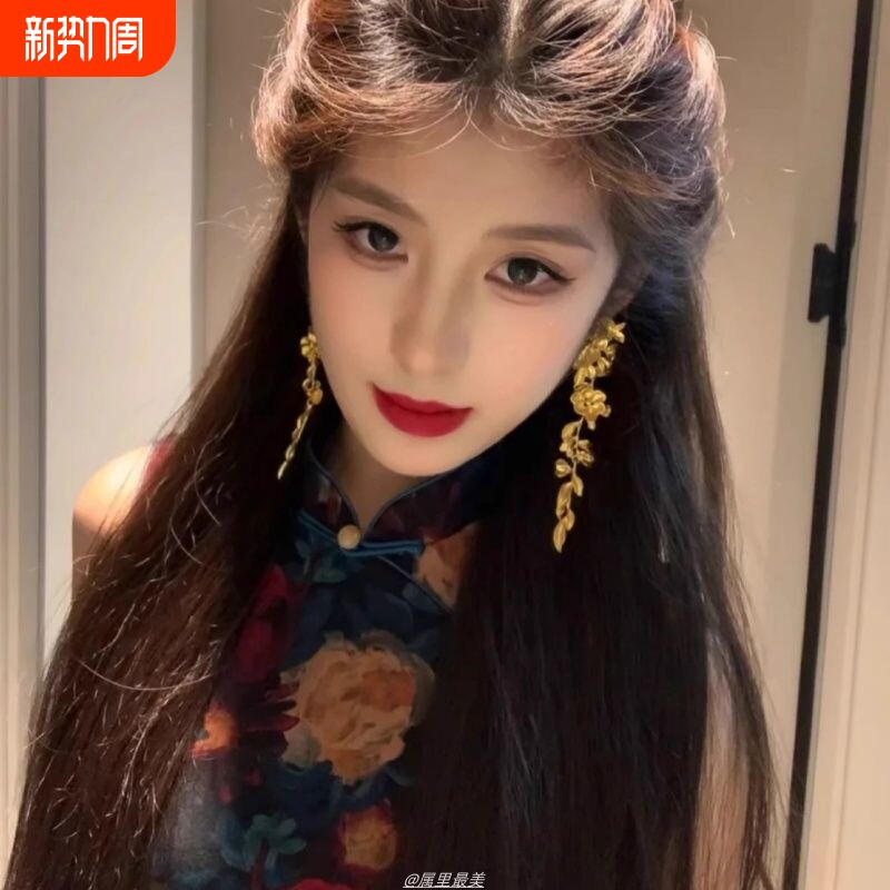 过年大气花朵流苏耳环复古民族风新中式耳钉轻奢夸张气质耳饰金色