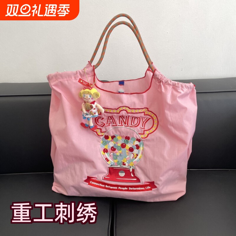 女士刺绣购物袋手拎包牛津布袋刺绣尼龙防水购物袋手提斜跨单肩包