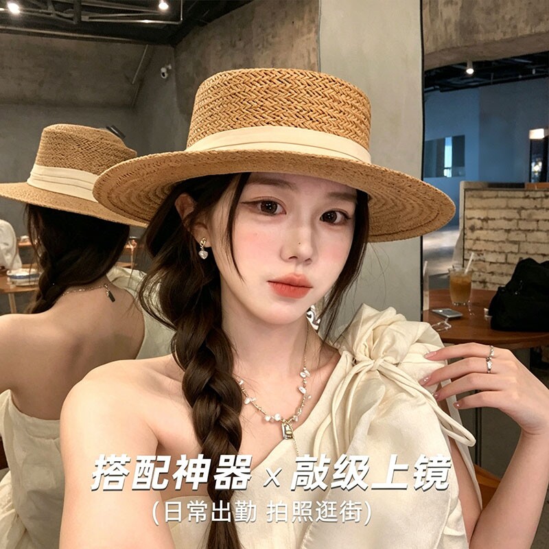 法式平顶草帽女夏季老钱风编织礼帽海边度假沙滩防晒太阳帽子镂空