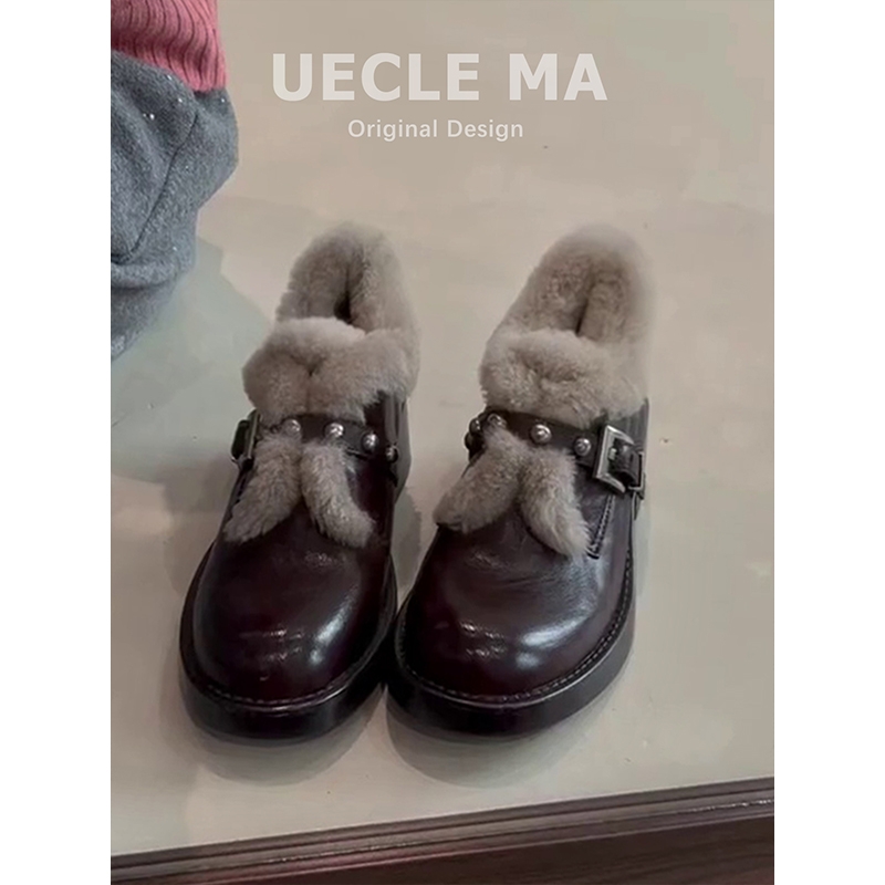 真皮厚底小皮鞋女冬季加绒雪地靴高跟棉鞋粗跟乐福鞋子保暖毛毛鞋