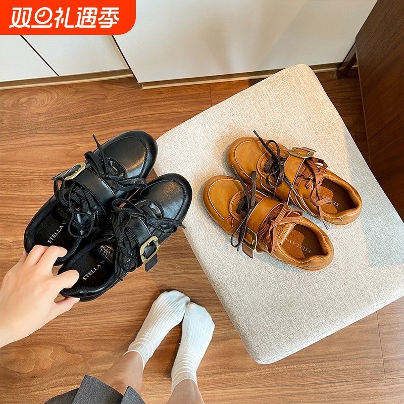 薇薇女鞋~皮带扣双鞋带美式复古德训鞋平底时尚休闲鞋2025新款秋
