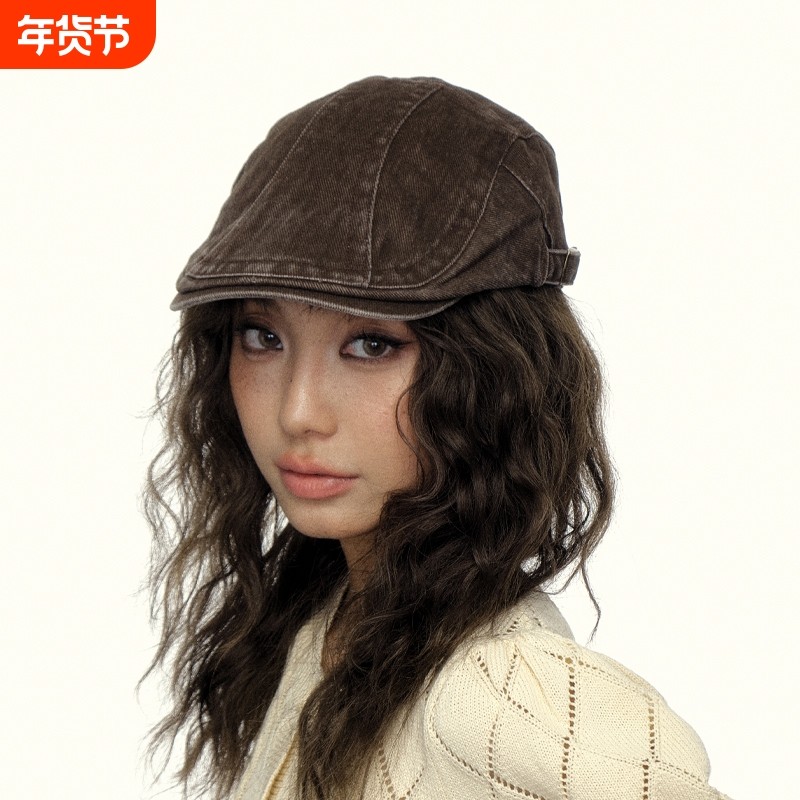 帽檐复古水洗做旧牛仔前进帽子女辣妹鸭舌帽贝雷报童画家帽美式