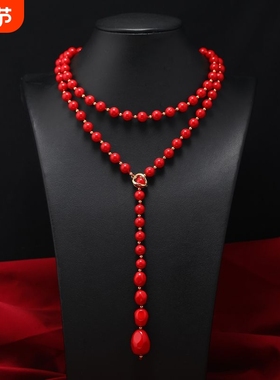 高档大气珍珠项链天然贝壳优雅气质多层叠戴秋冬红色百搭毛衣链女