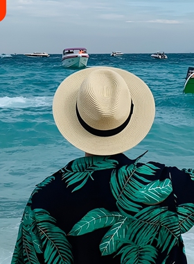 夏季帽子巴拿马草帽法式帽男士高档户外遮阳防晒帽款白色大檐黑色