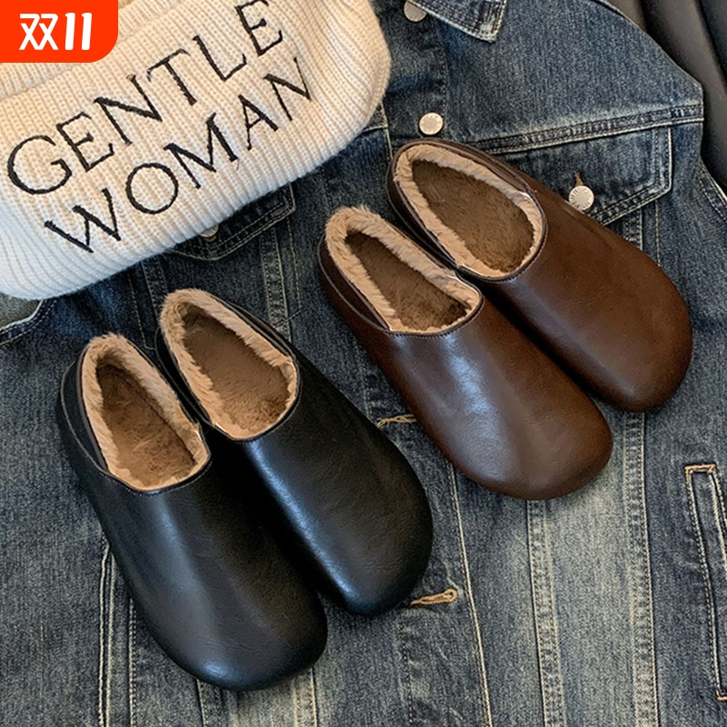 皮面防水加绒豆豆鞋女冬季2025新款一脚蹬保暖毛毛鞋软底孕妇棉鞋
