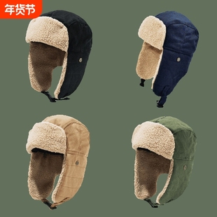 雷锋帽男冬季防寒帽子女加绒加厚保暖棉帽护耳东北帽骑行军绿色