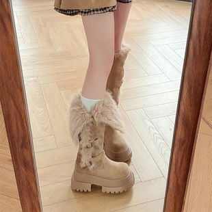 厚底两穿毛毛雪地靴女2025冬季 显瘦东北靴子高筒加绒长筒靴黑色