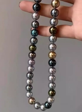 施家人造大溪地珍珠混彩莫兰迪色系项链孔雀绿高级感小众毛衣颈链