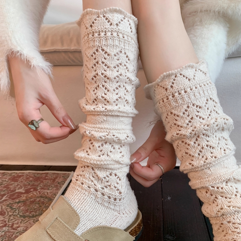 韦雪同款秋冬复古羊毛堆堆袜女配靴子针织小腿袜子镂空毛线长筒袜