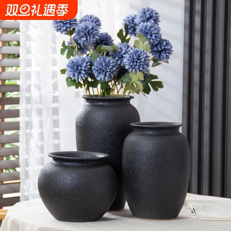 景德镇黑色磨砂插干花现代简约禅意复古新中式台面客厅大陶瓷花瓶