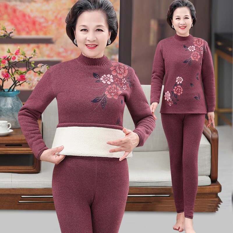 奶奶冬装保暖内衣套装女中老年人妈妈秋衣秋裤老太太加绒加厚秋冬