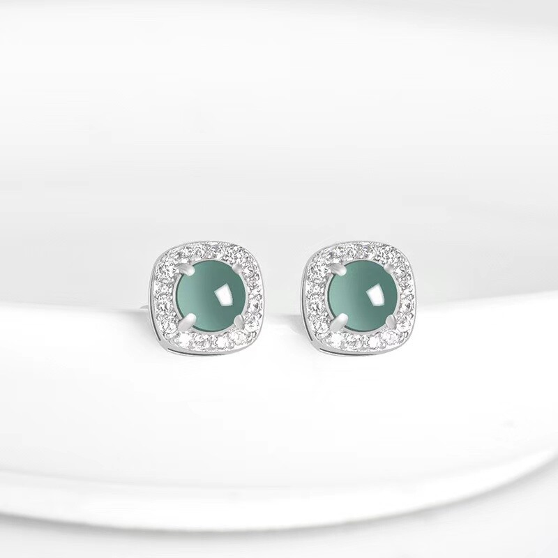 oein天然正品A货翡翠蓝水方形耳钉冰种玉石S925银送证书高档