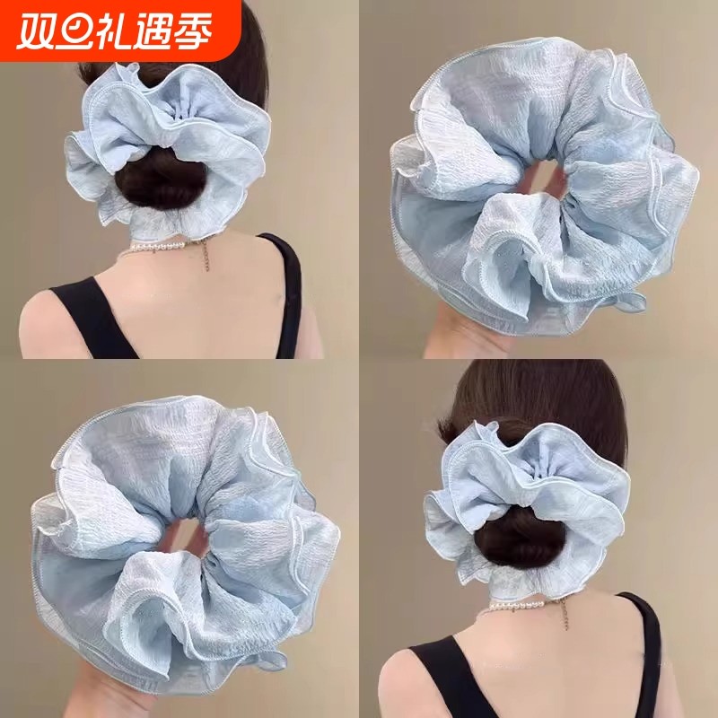 氛围感大号泡泡纱大肠发圈女2025新款蓝色丸子头发绳韩系头花发饰