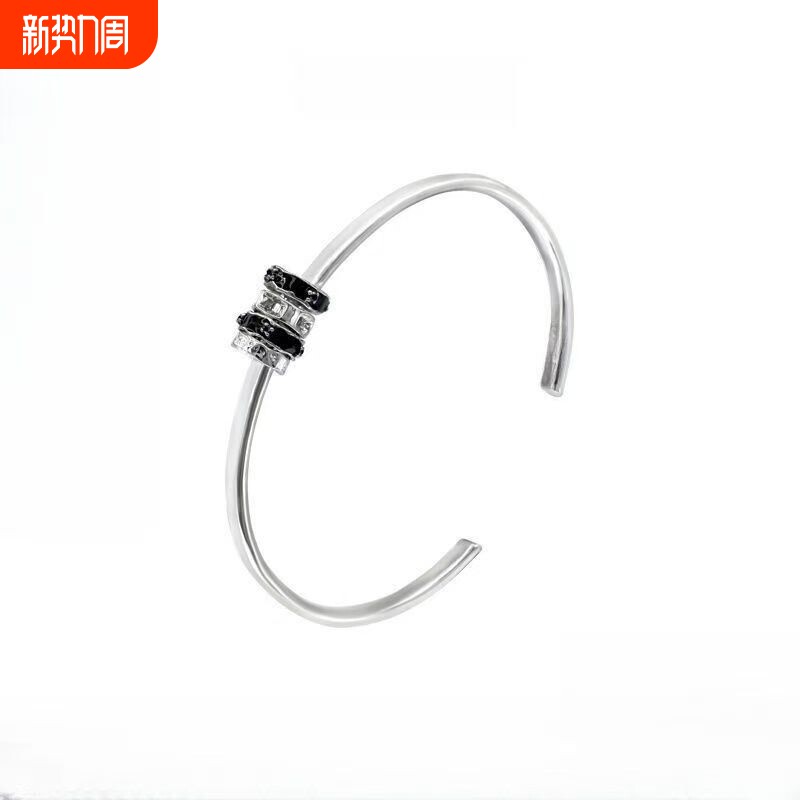 银色黑滴胶拼素镂空圆扣手镯情侣款手饰创意独特设计感送女友礼物