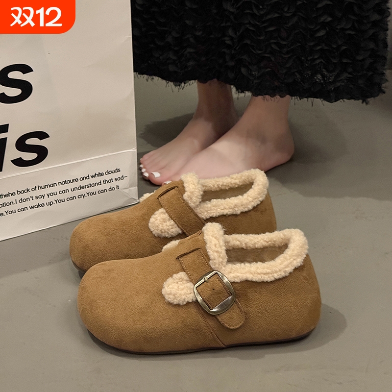全包勃肯鞋女2025冬季休闲时尚保暖加绒加厚棉鞋厚底增高包头拖女
