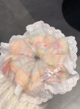 大肠发圈头绳毛绒甜美少女秋冬彩色法式高级蕾丝毛线马尾发绳发饰