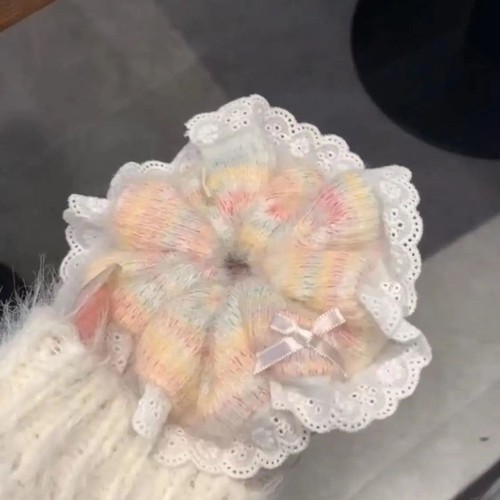 大肠发圈头绳毛绒甜美少女秋冬彩色法式高级蕾丝毛线马尾发绳发饰