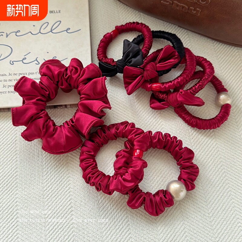 缎面大肠发圈女红色系扎头绳发绳高弹力耐用橡皮筋短发蝴蝶结卷发