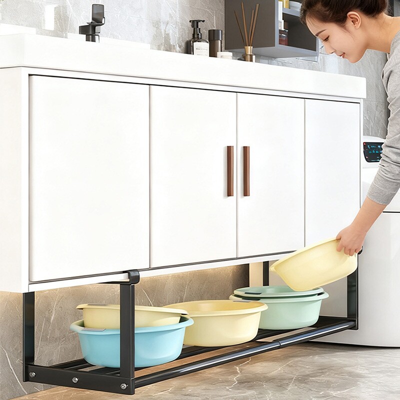 洗脸盆置物架浴室柜下挂篮可伸缩免打孔收纳架卫生间分层隔板强力